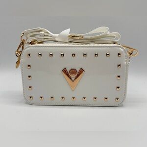 Valentino Orlandi White Leather Camera Crossbody‎ Bag with Gold Studs and Emblem